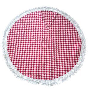 Vintage Round Gingham Tablecloth Red White Crochet Fringe Cottage Farmhouse USA